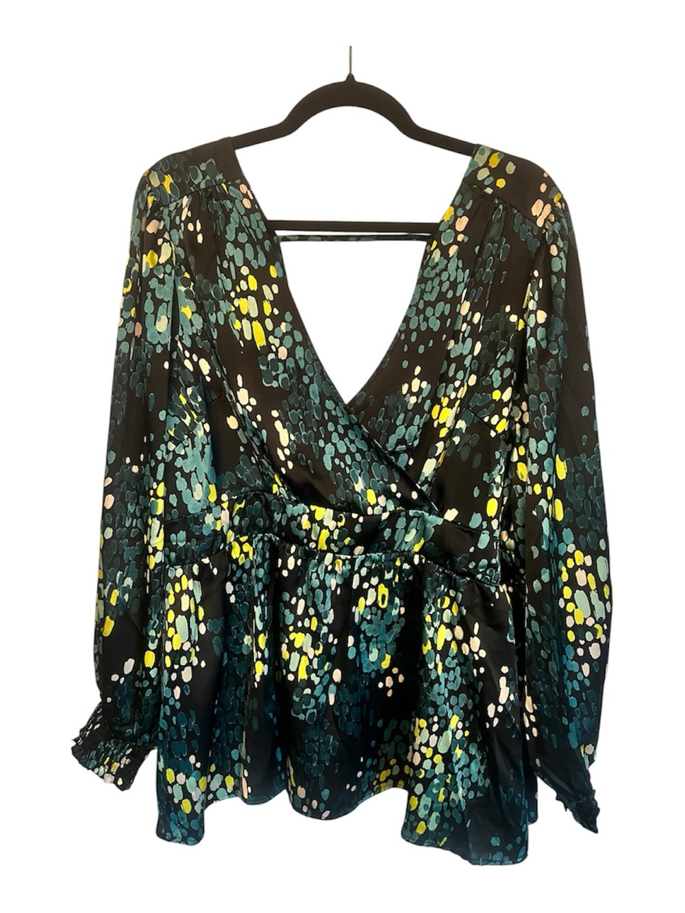 torrid Black Teal and Yellow Wrap Peplum Blouse